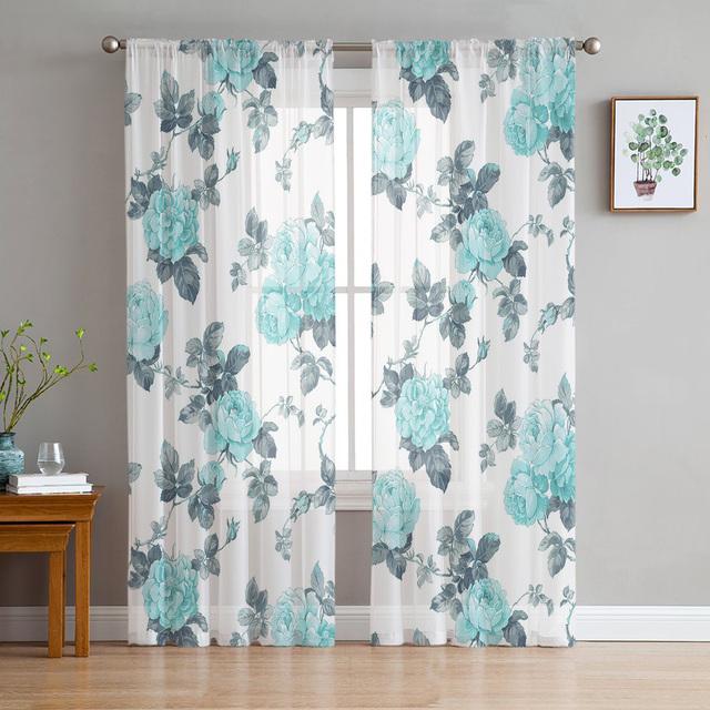 Vorhänge mit rotem Blumen- und Pflanzenmotiv, drapieren, transparenter Tüll, Heimdekoration, Wohnzimmer, Schlafzimmer, Cortinas, Chiffon-Fenstervorhänge