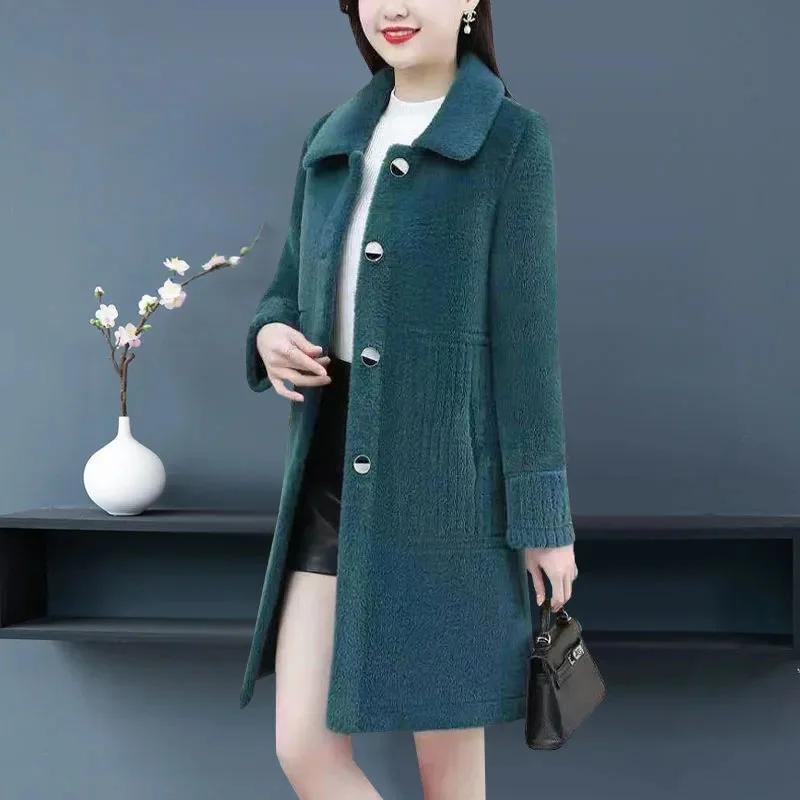 Winter Thickened Long Lamb Fur Jacket Woolen Coat for Mothers And Middle-Aged Women Fashionable Polyester