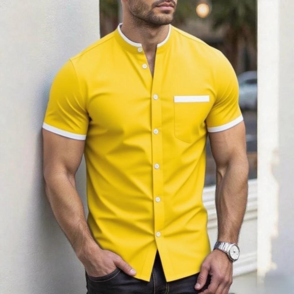 New Men Summer Short Sleeve Fashion Stand Collar Shirt Men Pure Color Casual Shirt