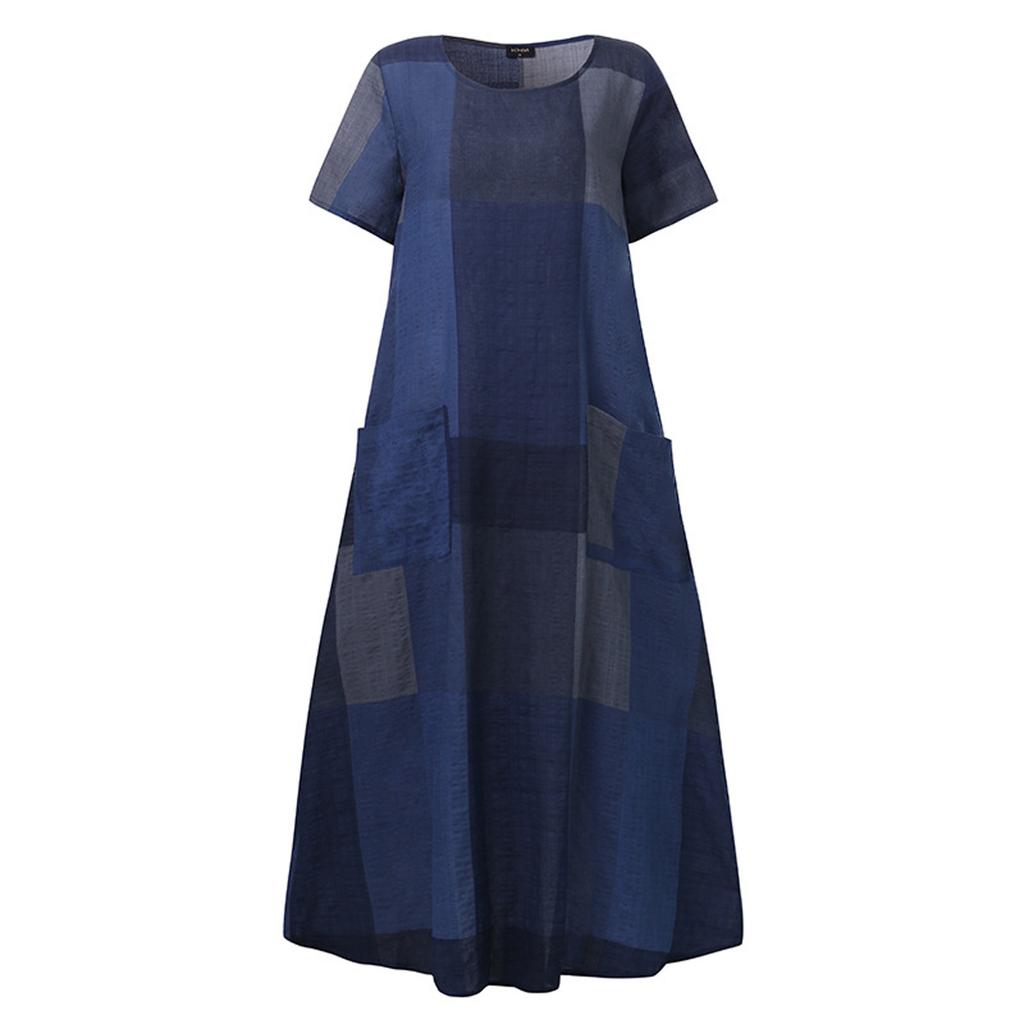 Women’s Fashion Casual  Plaid Cotton Linen Short Sleeve Loose Long Dress