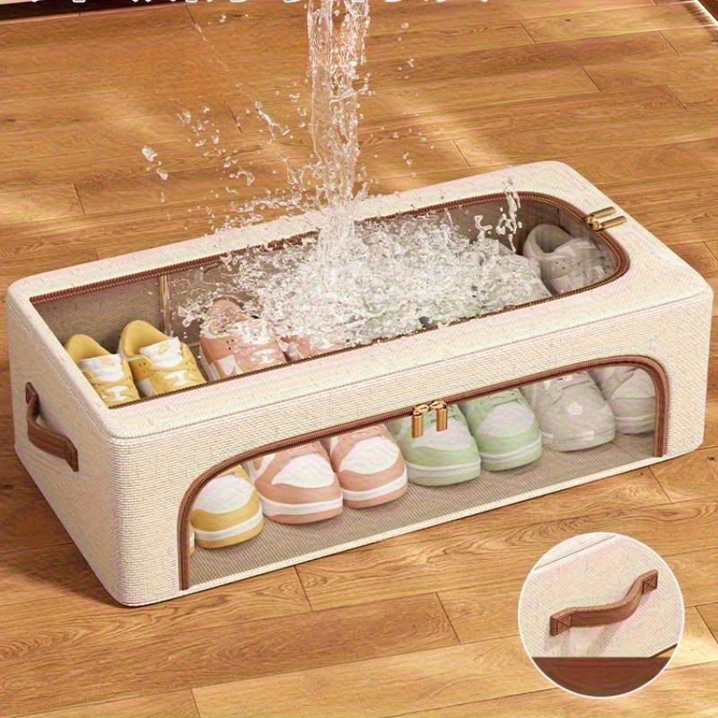 High quality4-Season Foldable Double-Window Shoe Cabinet - Dustproof Stackable Under-Bed Storage, Beige Linen Vintage Style, Suitable for Sneakers,