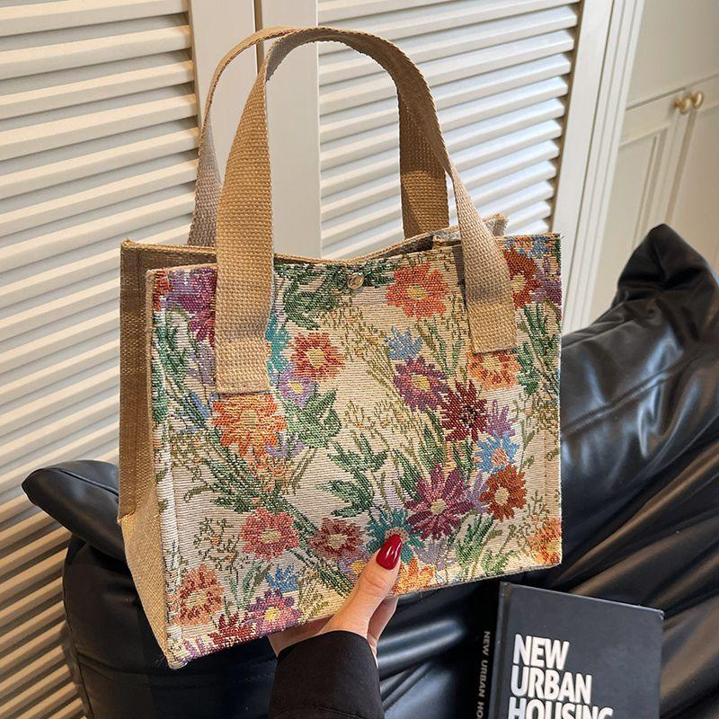 

This Year s Popular Linen Floral Bag Female 2025 New Arrival Fashion Shoulder Tote Female Ins Western Style Tote Bag Beige ribbon