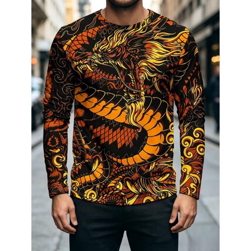 T-shirt da uomo casual a maniche lunghe con stampa, girocollo, per autunno e inverno