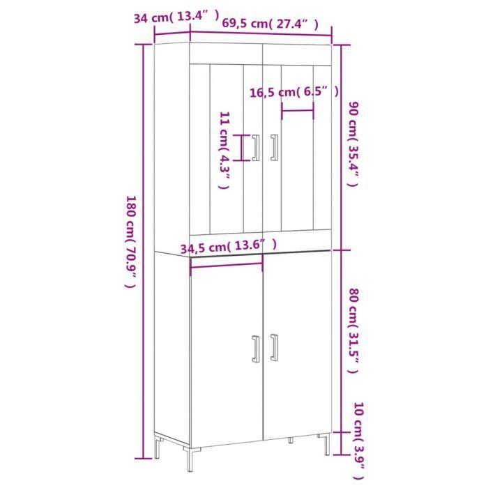 VidaXL Buffet haut Sonoma gris 69,5x34x180 cm Bois d'ingénierie 3198215