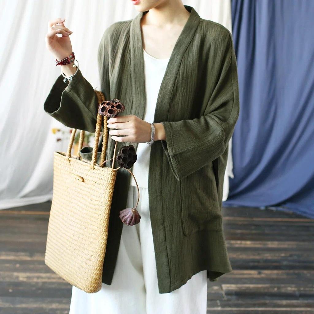 Johnature Women Vintage Shirts Tops Solid Color Pockets Soft Autumn Blouses Long Sleeve V-Neck Shirts