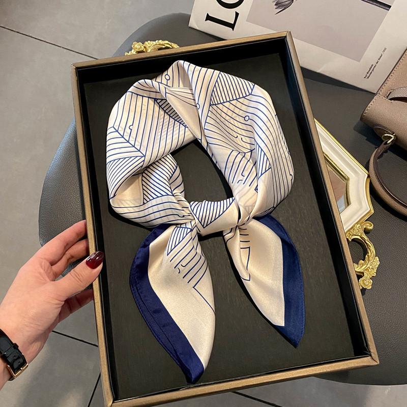 Luxury Design Silk Skinny Scarf Bag Handle Ribbon Ladies Little Cat Print Headband Small Hair Scarves Band Female Handkerchief