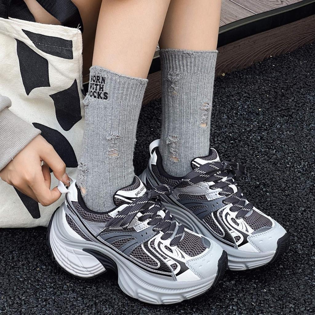 Leather mesh dad shoes women's 2025 summer new small 6cm height increase thick sole breathable casual sports shoes