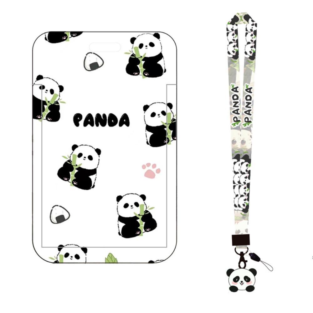 New Panda Printing Plastic Card Holder with Long Lanyard Slide Card Case ID Card Protective Cover