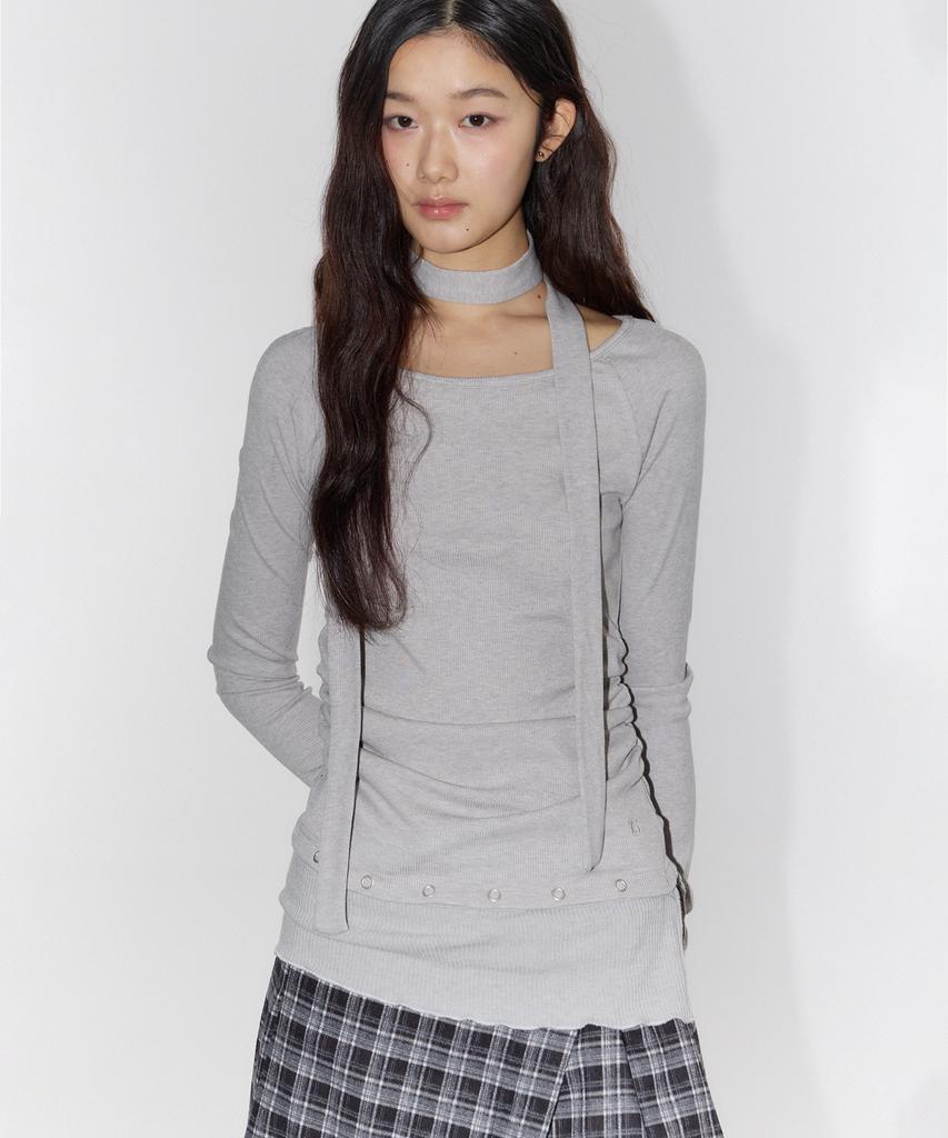 PLACE STUDIO Boat U-Neck Detachable Eyelet Contrast Scarf Set Long Sleeve T-Shirt _3 Colors