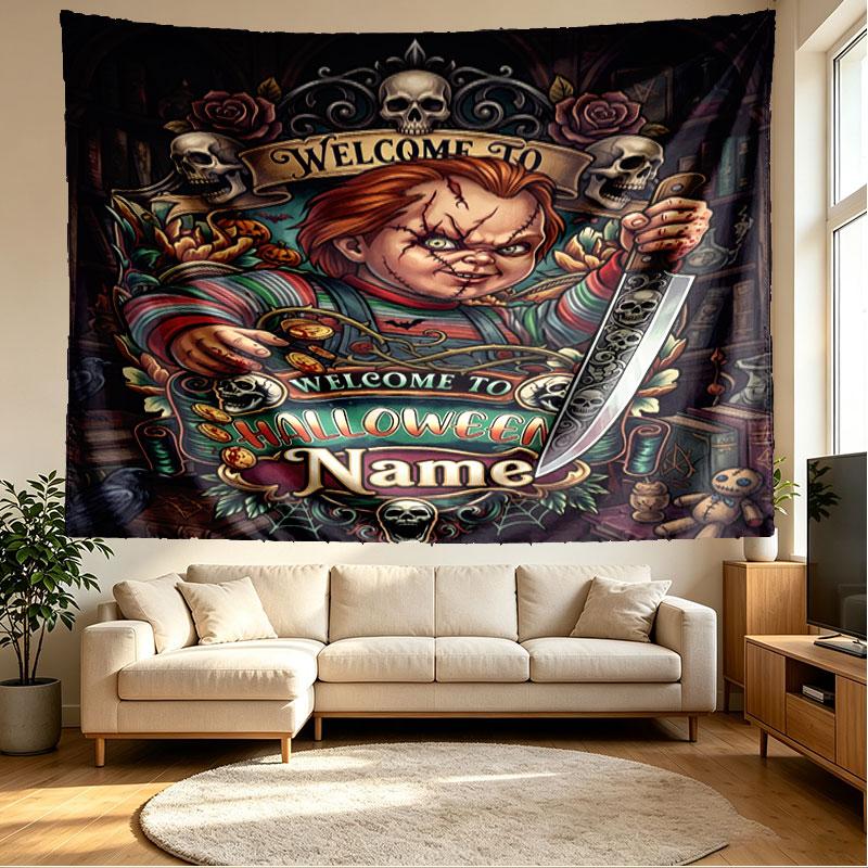 Custom Name Personalized Horror Theme Chucky Print Tapestry, Wall Art Decor, Bedroom, Dorm, Apartment, LivingRoom, Party Backdrop, Gift for Birthday