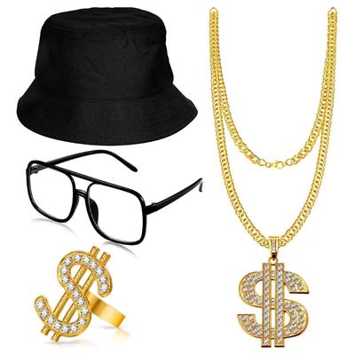 7pcs Hip Hop Costume Kit 80s/90s Outfits Cool Rapper Accessories Sunglasses Gold Plated Dollar Sign Chain Rings Necklace