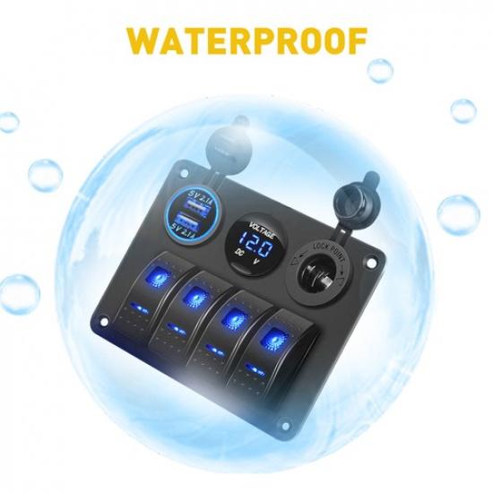 Rocker Panel Switch Blue LED Dual Light USB 6 Gang Fits 12V Car Auto Marine Boat