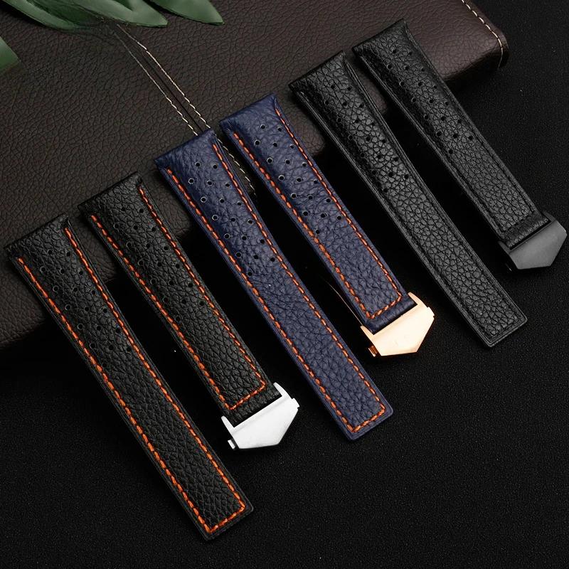 For TagHeuer Genuine Leather Solid Stainless Steel Fold Buckle Monaco Series Classic Blue Orange Line Cowhide 22mm Watch Strap
