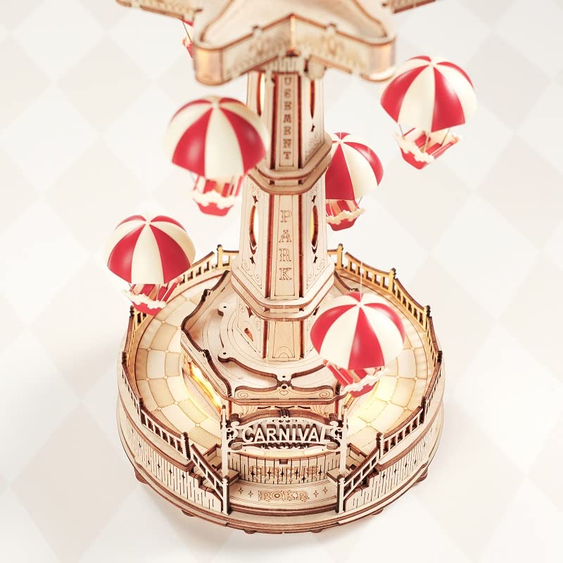 3D Wood Puzzle Amusement Park Series (Parachute Tower) Parasol Attraction Miniature Glowing Rotating Amusement Park with Japanese Instruction Manual