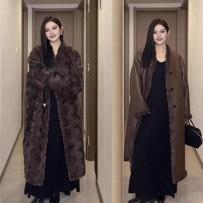 Fur integrated V-neck double-sided wearable coat extended winter coat to keep warm new environmentally friendly fur