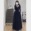 French White Long Sleeve Square Neck Women's Hepburn-Style Slim Waist Maxi Skirt for Spring and Autumn