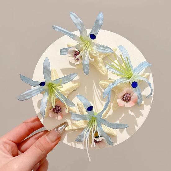 Hair Clip Blue Flowers Starfish Decoration Hair Pin Beach-themed Hair Barrette Tropical Hair Accessory Daily Wear