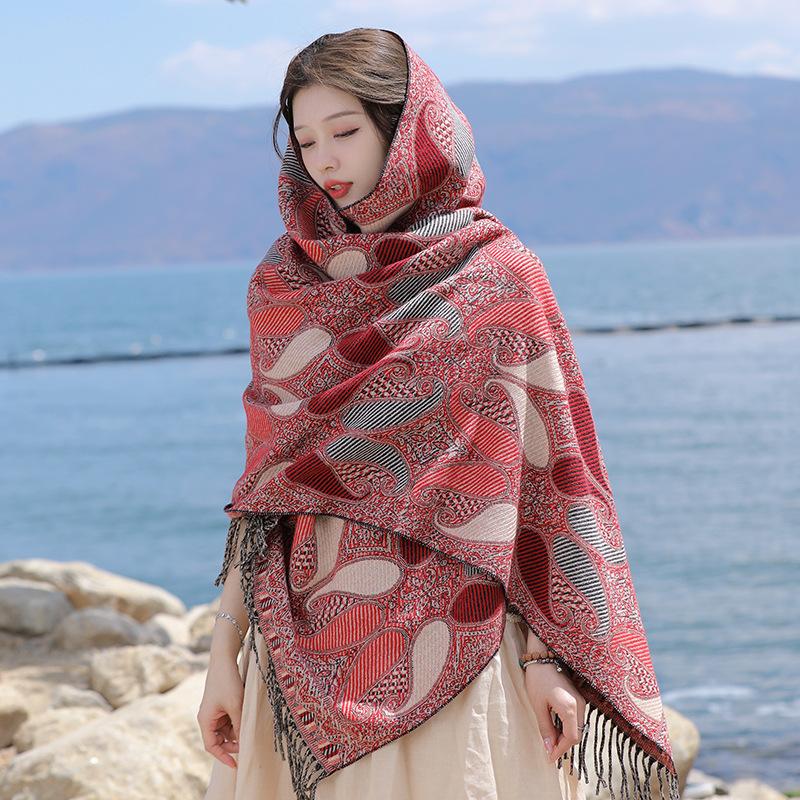 The photo is so beautiful~ Red travel scarf Qinghai Xizang desert ethnic style imitation cashmere thermal shawl women's cape