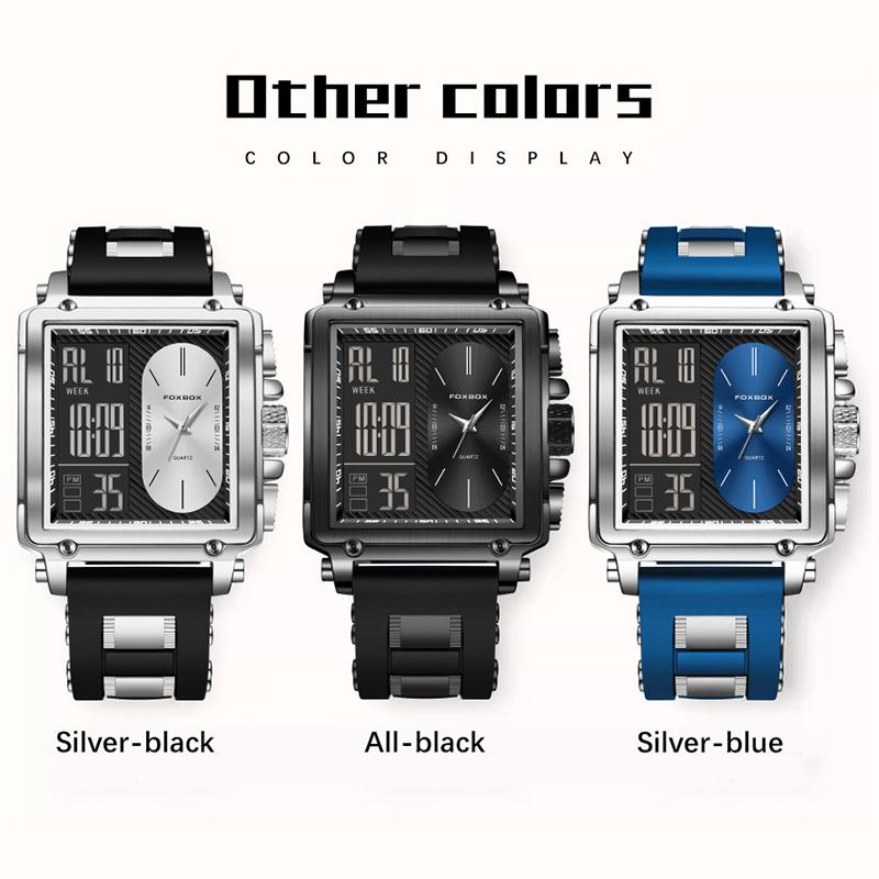 FOXBOX Square Men Quartz Watch Casual Sports Men Watches Digital Dual Display Date Waterproof Luminous Chronograp Watch For Men