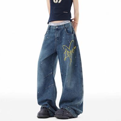 American Ink Splashing Embroidered Jeans Men's and Women's Winter Trendy Brand Design Sense Scimitar Pants Cleanfit Wide-leg Trousers