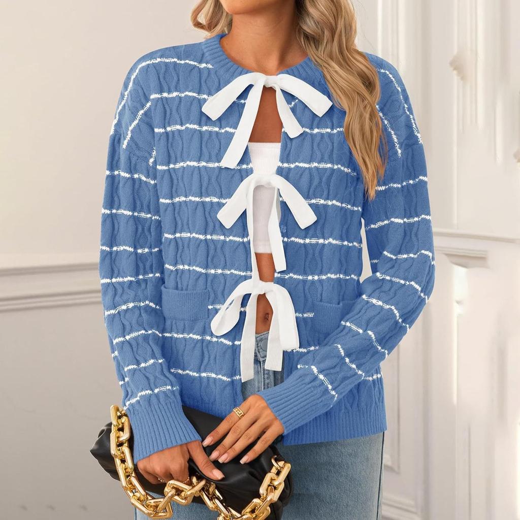 Women's Fashion Tie Long Sleeved Loose Casual Versatile Striped Sweater Jacket Sweater