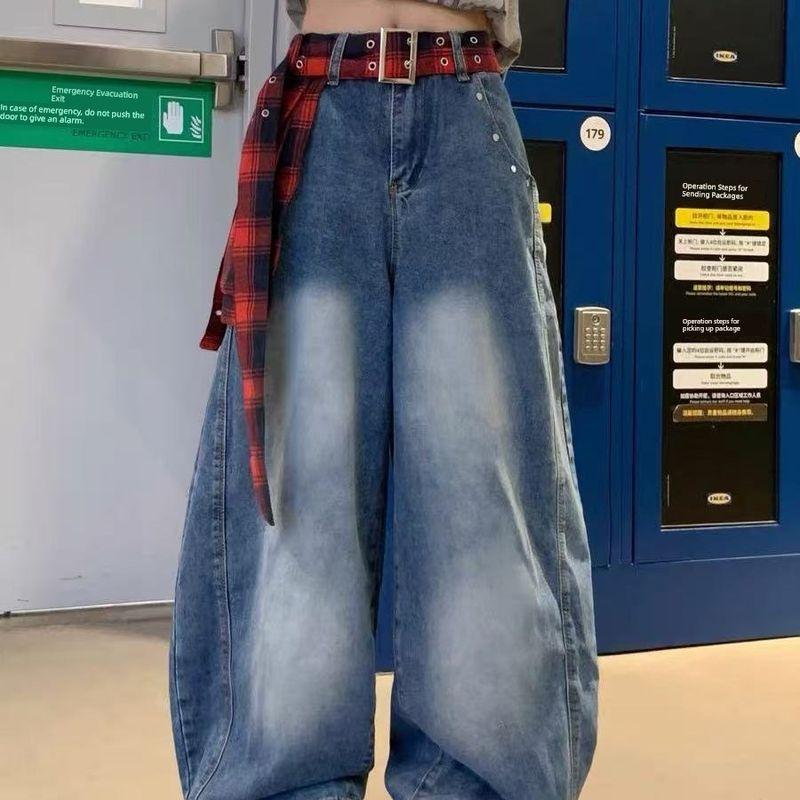 American Retro Gingham Skirt Seal Fart Curtain Straight-leg Denim Female Summer Stylish Loose Slim-Fit Wide-Leg Pants