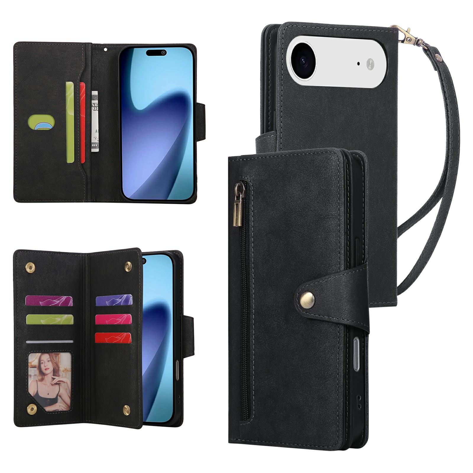 

For iPhone 17 Air Case Zipper Wallet Rivet Decor Leather Phone Cover with Wrist Strap Black