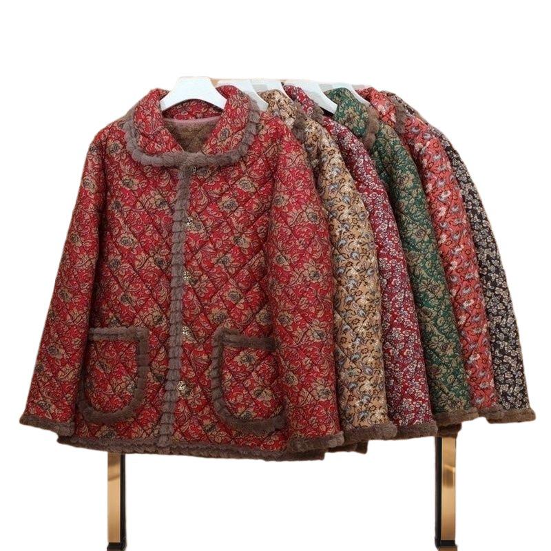 Jaqueta de Algodão Quente com Lapela Floral de Novo Estilo 2025 com Forro de Veludo para Mulheres de Meia-Idade e Idosas, Roupa Exterior Solta e Grossa para Outono e Inverno