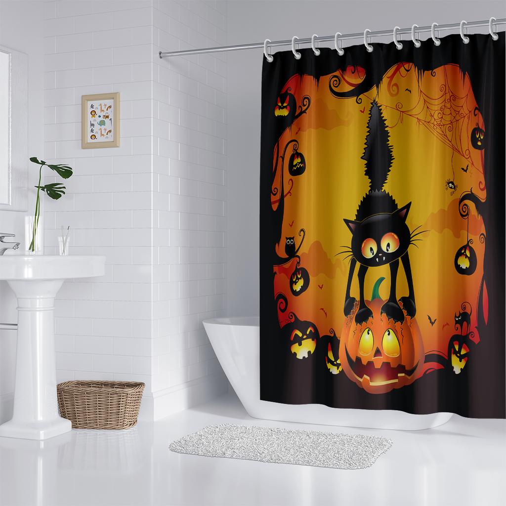 1 Piece 180x180cm Orange Pumpkin Black Cat Print Halloween Shower Curtain Partition Bathroom Waterproof and Mildew Proof
