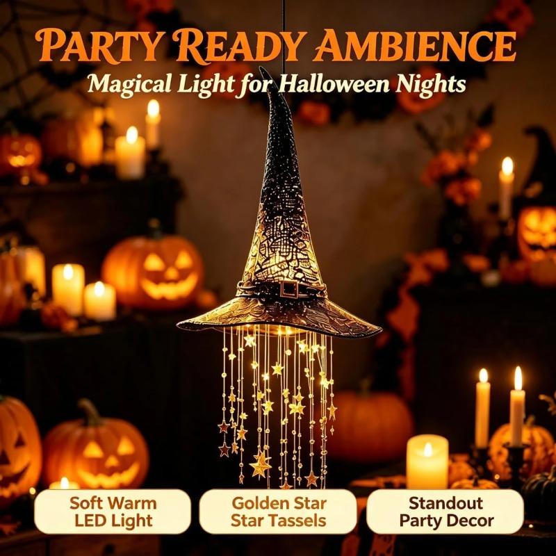 Lighted Witch Hat Hanging Chime, Halloween Outdoor Ornament, Glowing Mesh Cascading Stars, Black Frame Decoration, Party Decor