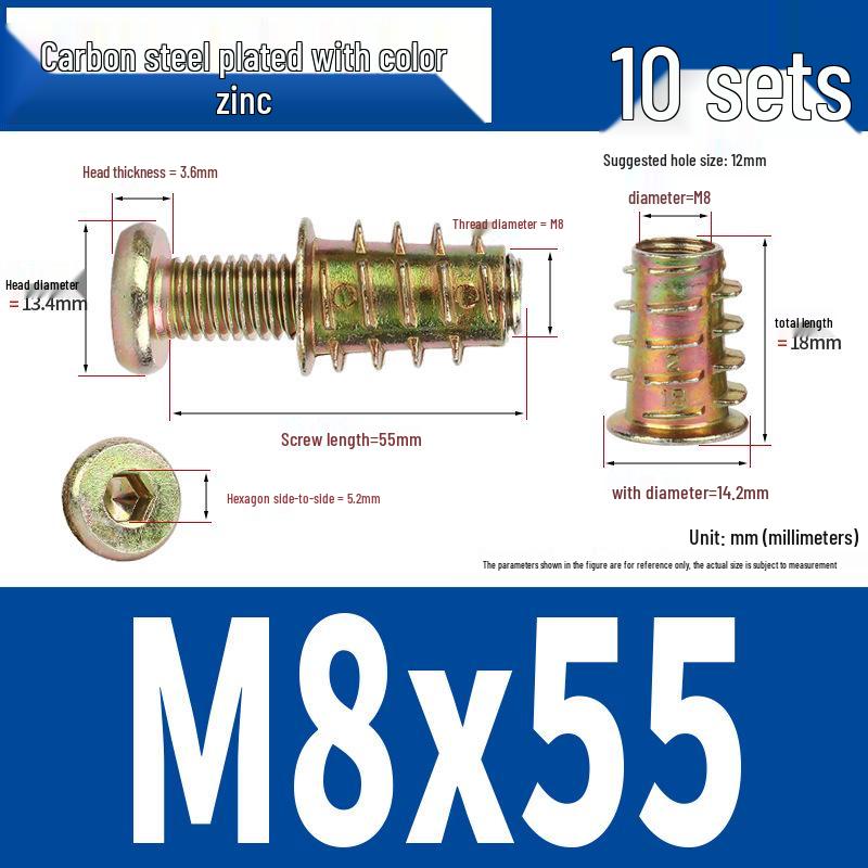 Flat Head Hex Socket Screws & Pre-embedded Nut Set for Wooden Bed Connectors