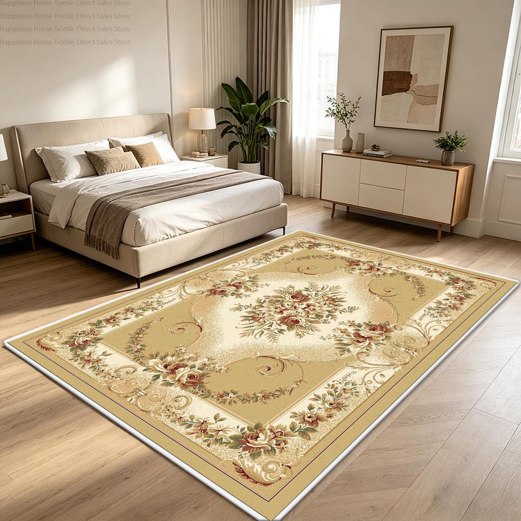 European Luxury Yellow Bedroom Bedside Mat Decoration Parlor Washable Non-slip Floral Large Rug Short Velvet Dining Room Carpet