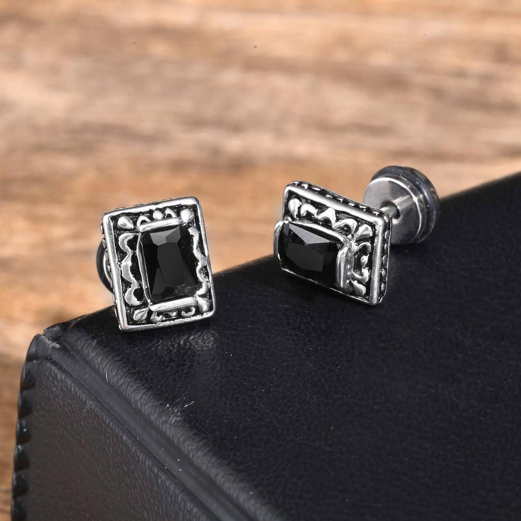 Vintage Black Zircon Stud Earrings for Men Boys,Stainless Steel Droplet Shaped Stone Ear Studs,Gothic Rock Punk Jewelry Gifts