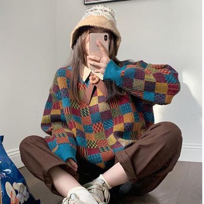 French Retro Style Autumn and Winter New Fashionable and Slimming High-end Plaid Knitted Sweater for Women's Clothing