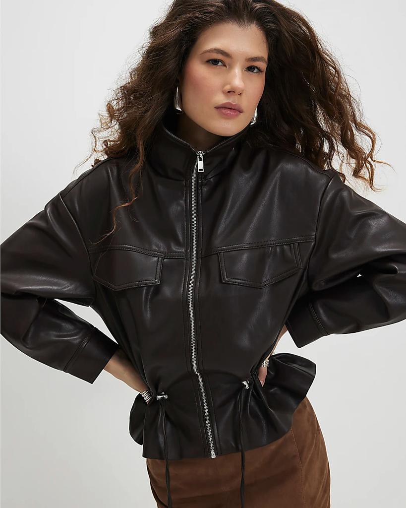Veste en Cuir PU à Col Montant Populaire pour Femmes Taille à Cordon Poche Zippée Courte Veste Rétro Locomotive Veste