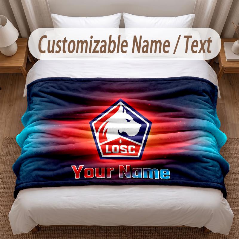 LOSC Lille FC Printed Flannel Blanket Custom Name Text Soft Warm Throw For Bedroom Holiday Gift