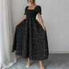Women's Floral Print Square Neck Long Dress Summer Waist Cinched Puff Sleeve Midi Dress Casual Lightweight Flowing Dress for Daily Wear