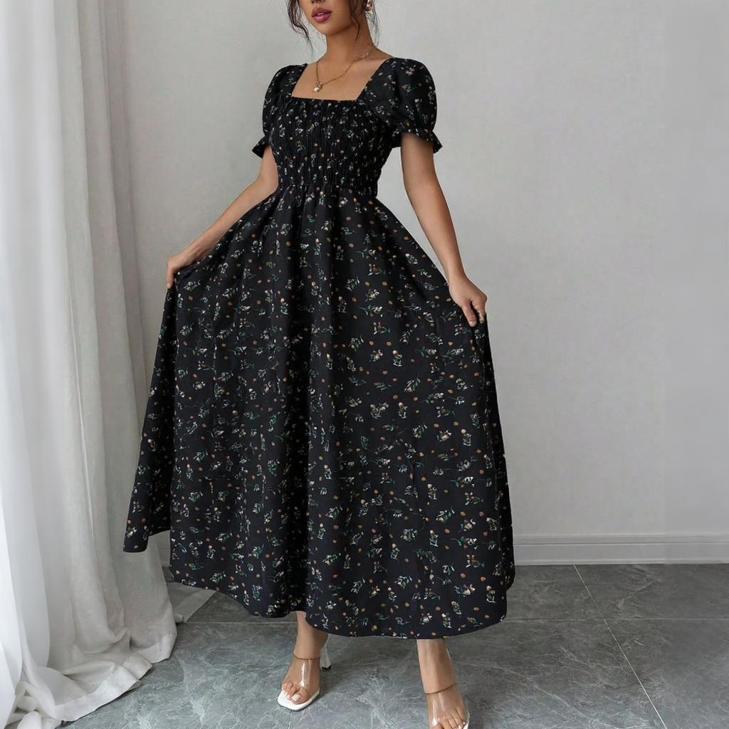 Women's Floral Print Square Neck Long Dress Summer Waist Cinched Puff Sleeve Midi Dress Casual Lightweight Flowing Dress for Daily Wear