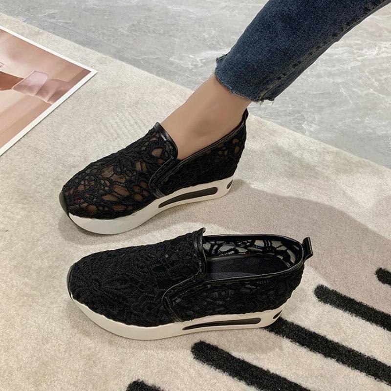 Women's fashion flat bottom inner height increase mesh yarn breathable casual single shoes support platform one piece