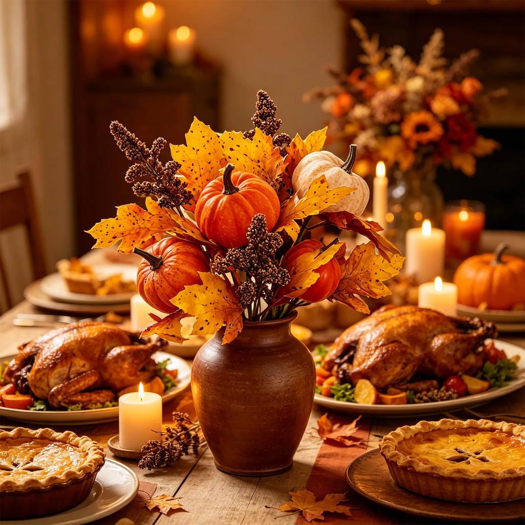 Artificial Autumn Harvest Pumpkin and Maple Leaf Branch