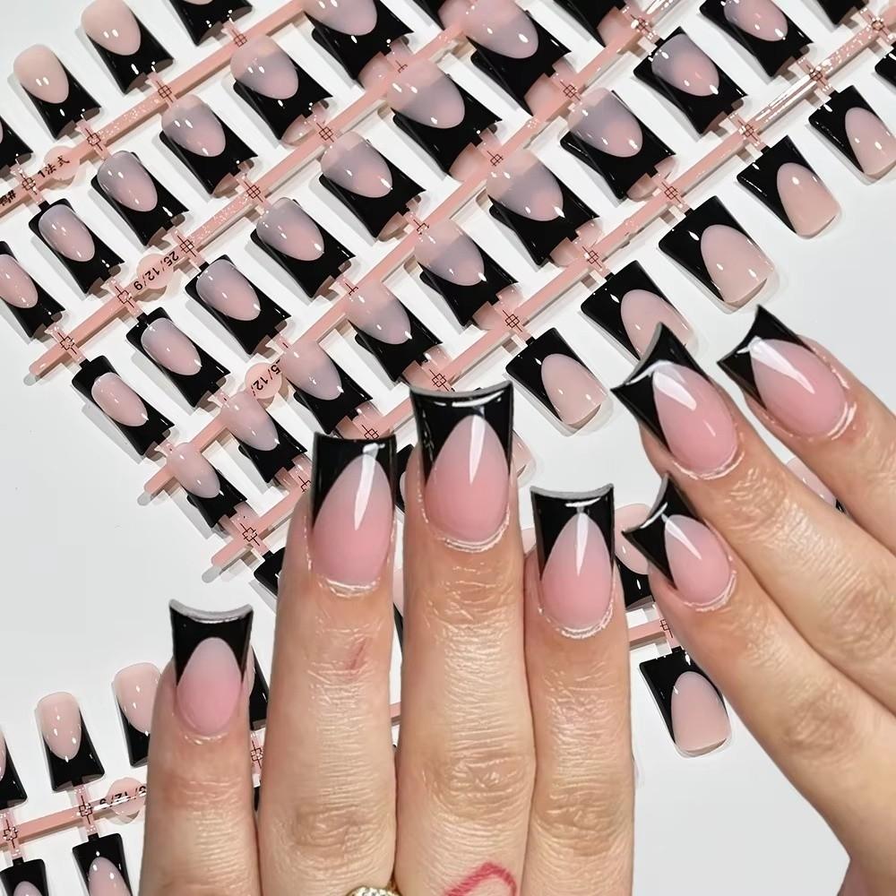 120 Pieces Glossy Black French False Nails Nude Medium French Tip Nails  For Nail Art