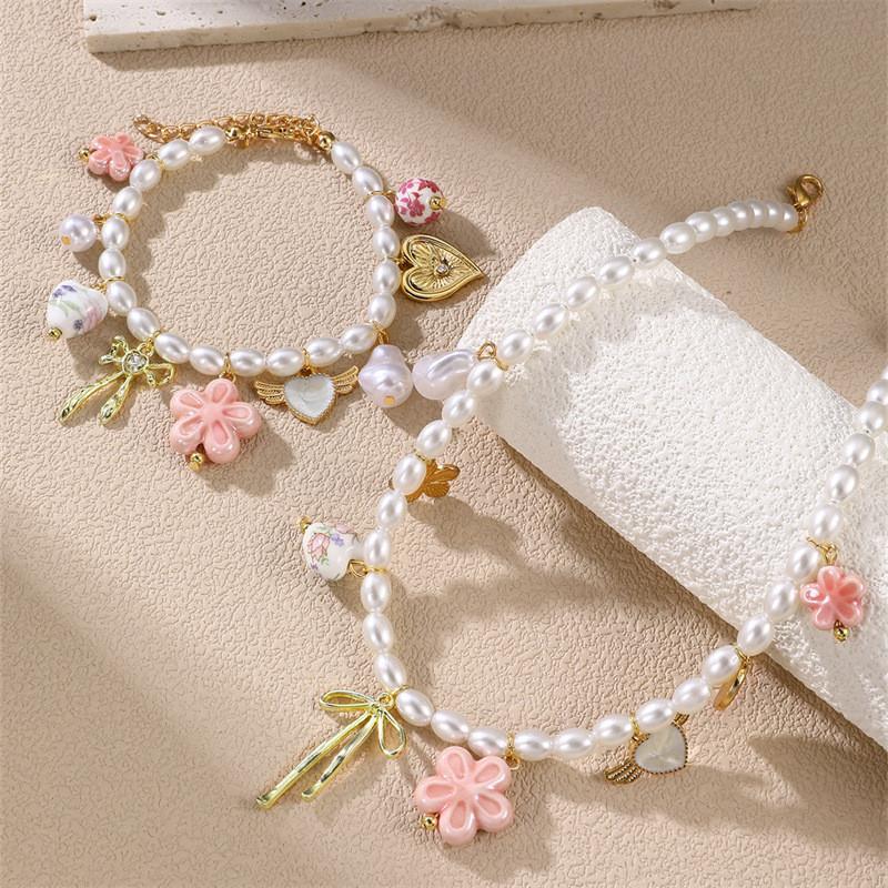Geometric Heart Pendant Necklace And Bracelet Set For Women With Pearl And Alloy Jewelry