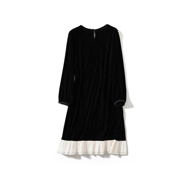 French Foreign Orders! Elegance Slow Life Women's round Neck Long Sleeves Ruched Fishtail Gold Velvet Beaded Dress over the Knee New
