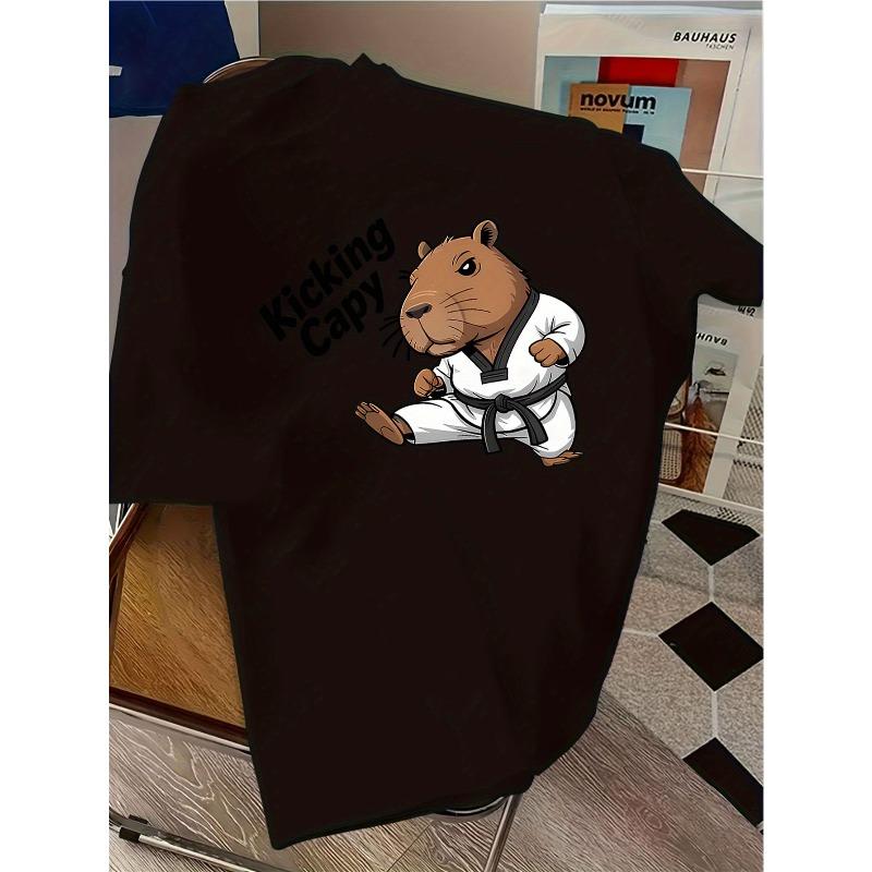 European Sizes Children Kabu Animal Karate T-Shirt - Cute Capybara Martial Arts Graphic Tee with "Kicking Capy" Text, Casual Summer Shirt for