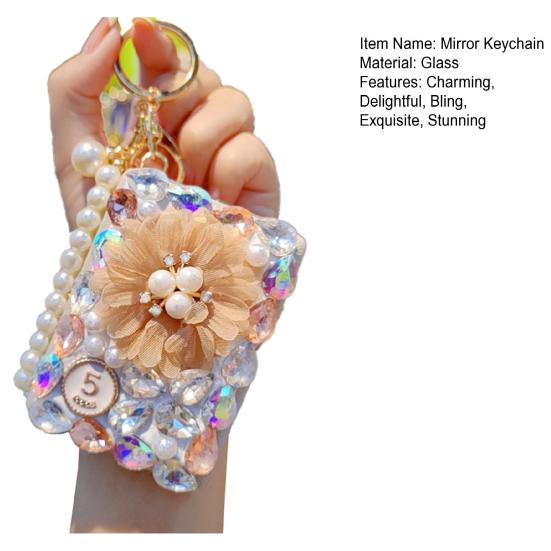 Bling Rhinestone Folding Makeup Mirror Travel Pocket Mirror Keychain Double-Sided with Beaded Wrist Bag Charm