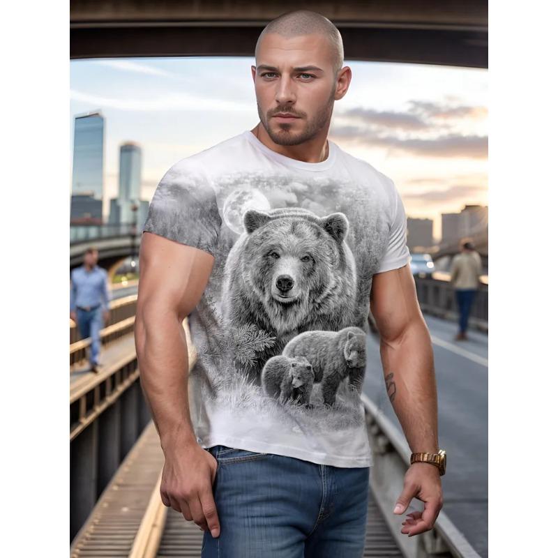 Summer Print 3D Loose Oversized Men's Bear Casual Trend Short Sleeved T-shirt Top