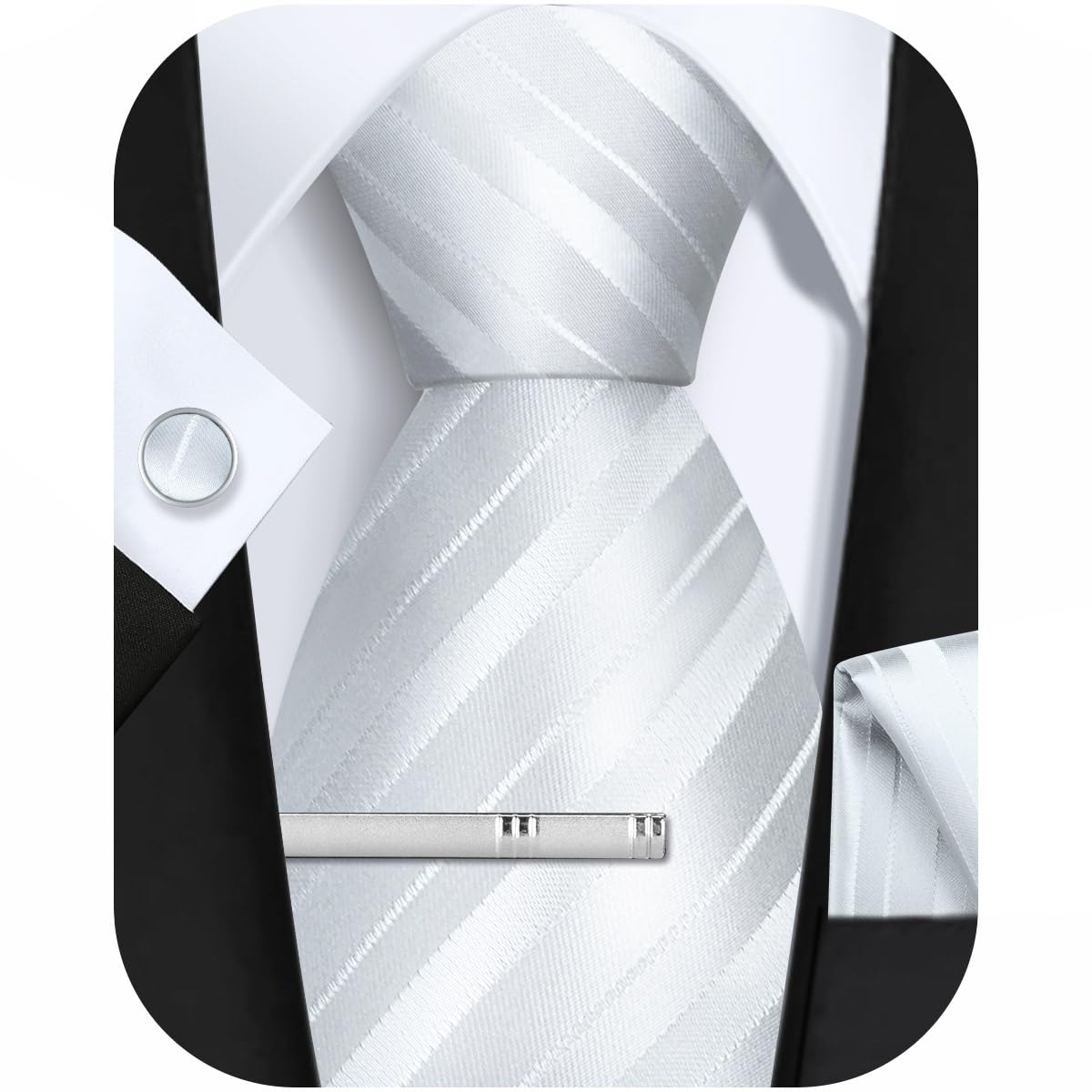 

[FACIACC] Men s Silk Tie, Pocket Square, Tie Clip, and Cufflinks 4-Piece Set for Weddings and Special Occasions - Striped Pattern, Handkerchief Dot