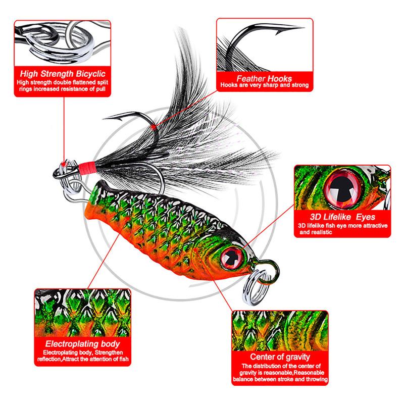 4pcs 3cm 5g 4 Color Fishing Bait Vib Tied Feathers Spoon Artificial Fishing Lure For Bass Big Eye