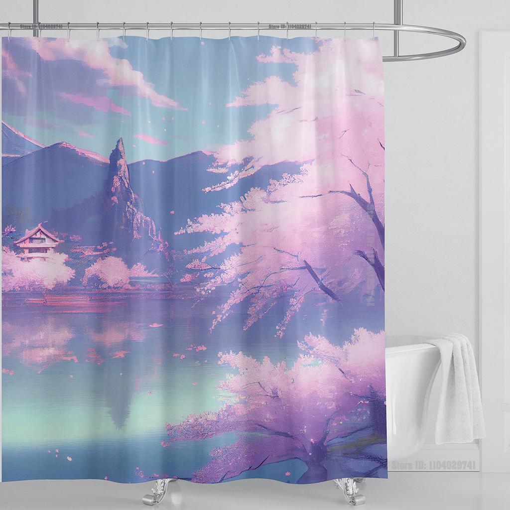 Illustration Japanese Chinese Style Art Print Polyester Washable Waterproof Shower Curtain Bathroom Decoration Bathtub With Hook