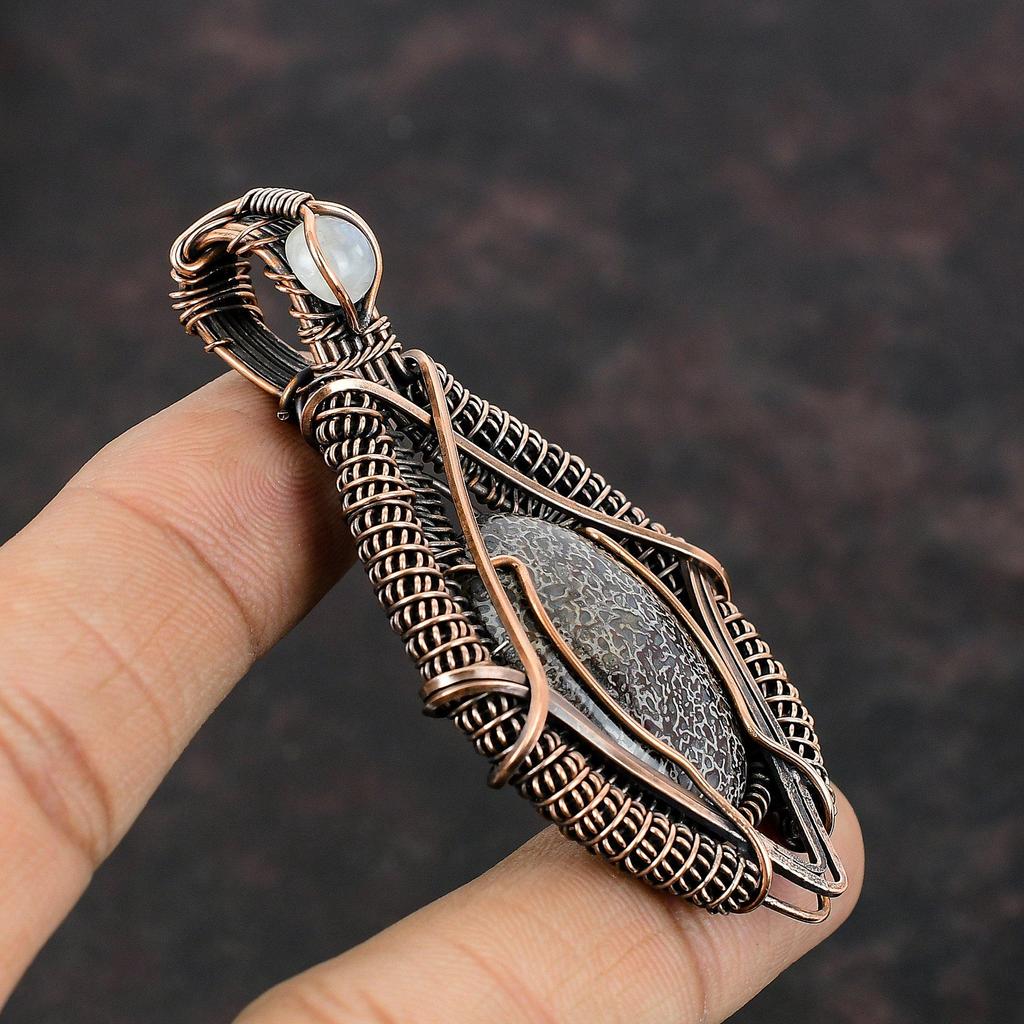 Dinosaur Bone Pendant Copper Wire Wrapped Pendant Gemstone Jewelry Rainbow Moonstone Pendant Handmade Wire Wrapping Jewelry Gift For Mom